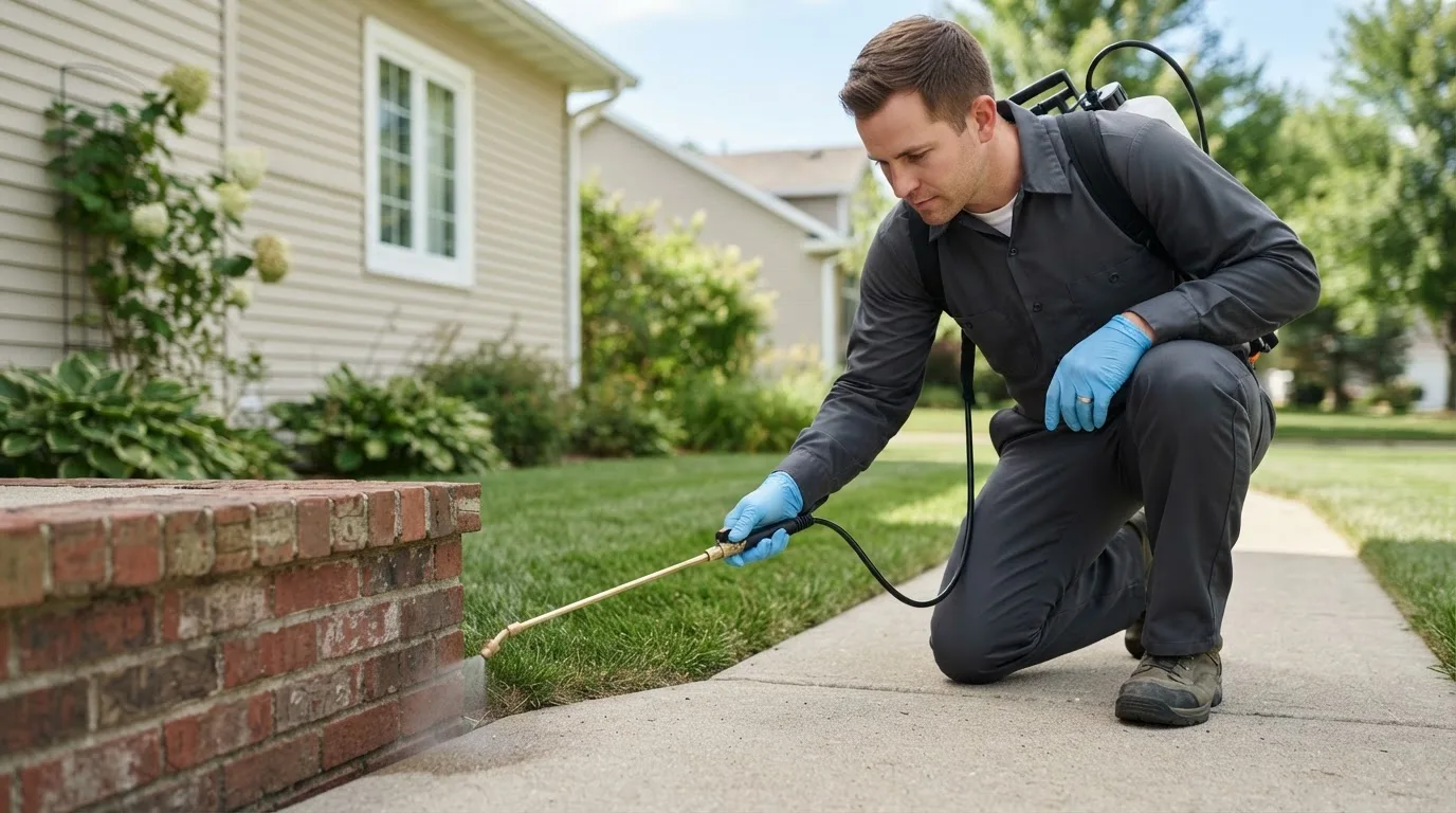 Pest control technician treating a home near Barnet, VT